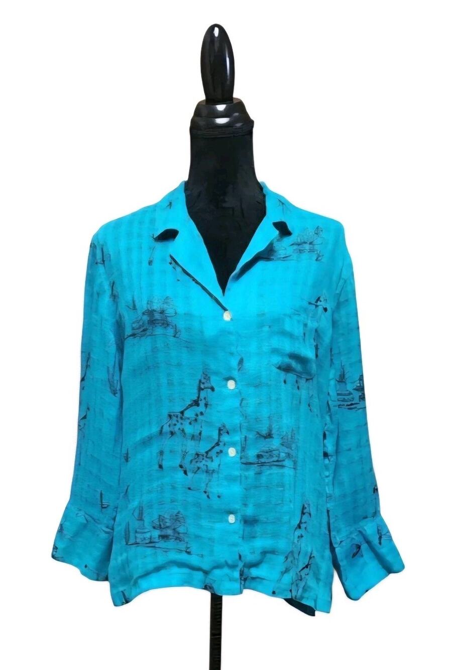 French Laundry 100% Linen XL Aqua Chevron Button-Up 3/4-Sleeve Collared Blouse